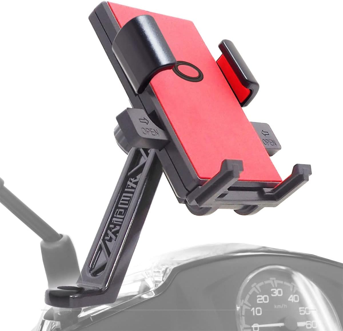 原付 スマホホルダー 走行中のビビリ音なし スクーター バイク 携帯ホルダー (レッド)