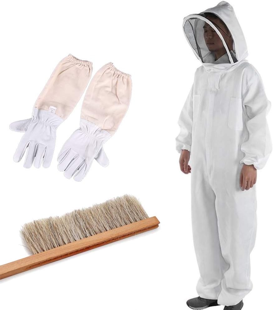 [Bonheur] ハチ防護服 防護服 養蜂器具 蜂 スズメバチ 駆除 害虫駆除 一体式 ブラシ手袋付き 三点セット フェイスネット 取り外しやすい