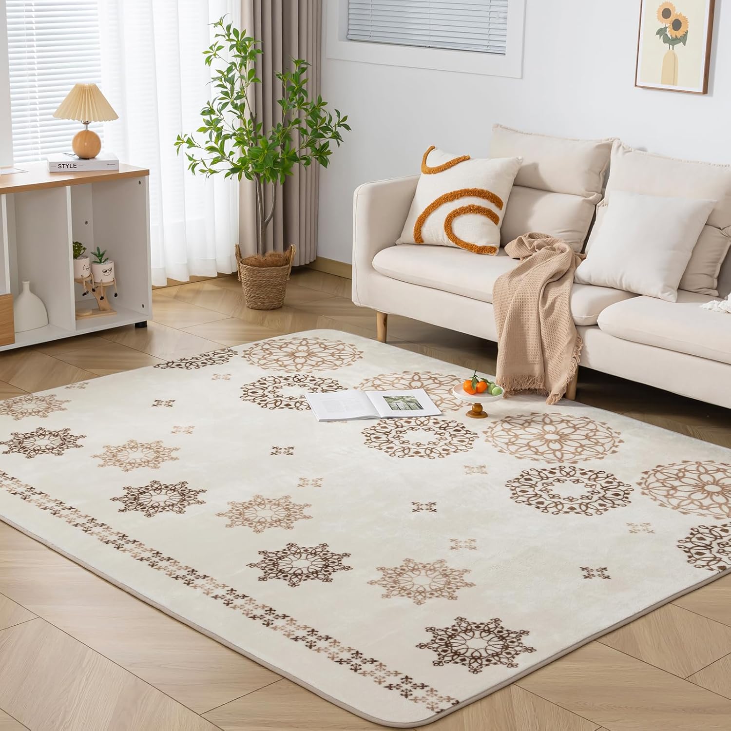 Keusnix カーペット ラグ ラグマット 2畳 185 x 185 cm 絨毯 洗える 滑り止め付 レース・ベージュ Lace01 | 抗菌 防臭 防ダニ 春 夏 秋 冬 ふわふわ オールシーズン快適に使用 床暖房 ホットカーペット対応