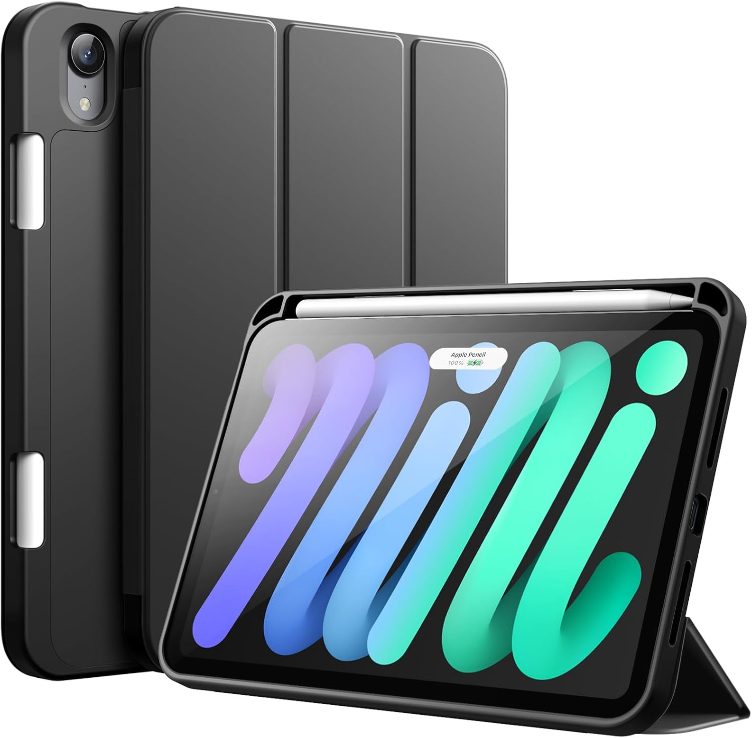 JETech iPad mini A17 Pro/第6世代 8.3インチ (2024/2021)用 ケースカバー (ブラック) | ソフトTPU保護・Pencilホルダー・三つ折りスタンド・オートウェイク/スリープ・耐衝撃軽量設計