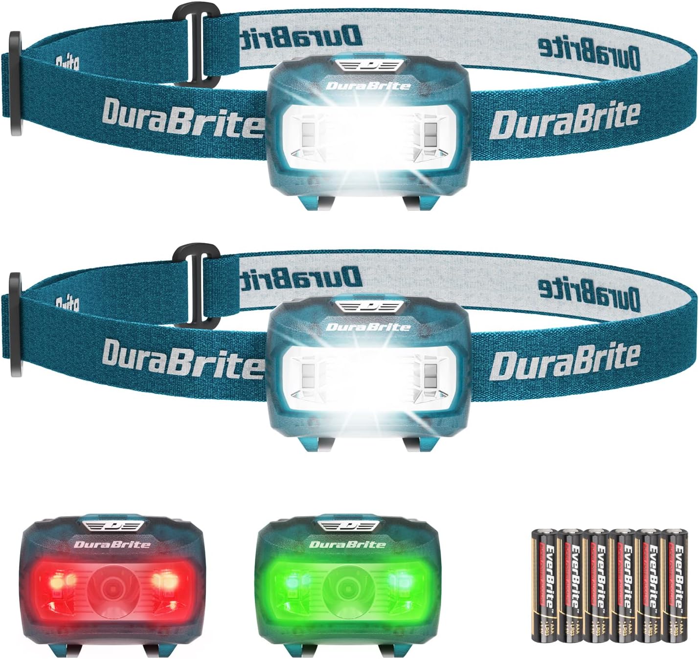 DuraBrite ヘッドライト 電池式 LEDヘッドランプ 【2個セット】 白＆赤＆緑ライト 5つ点灯モード 65°角度調整可能 超軽量 高輝度 単4形電池6本付き 防水 アウトドア用 防災用 夜釣り 登山 キャンプ 散歩 作業 災害 停電用 ブルー