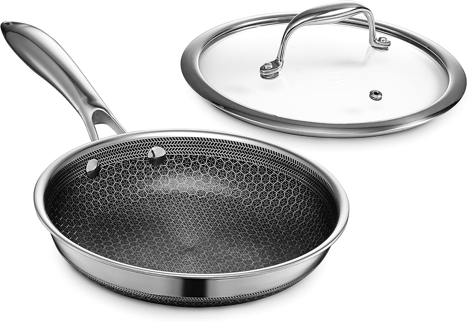 HexClad ハイブリッド ノンスティック フライパン 【20cm】 [焦げ付き防止加工] IH/オーブン/食洗器 対応 (メーカー直販限定 保証付き) [ヘックスクラッド] 強化ガラス 蓋付き