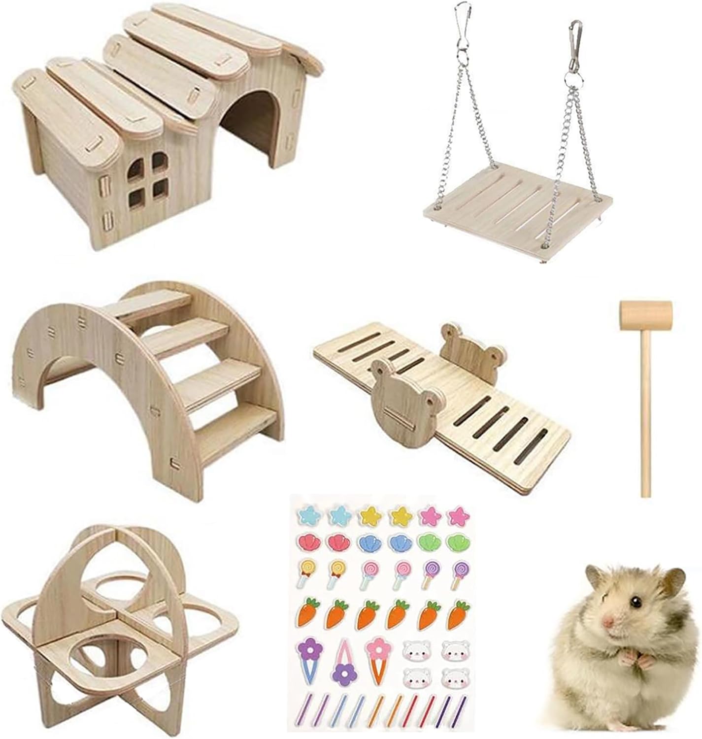 ハムスター おもちゃ 5個セット 木製 ミニ ブランコ 小屋 シーソー 遊具 遊び場 面白い かわいい 小動物用 (実木色)
