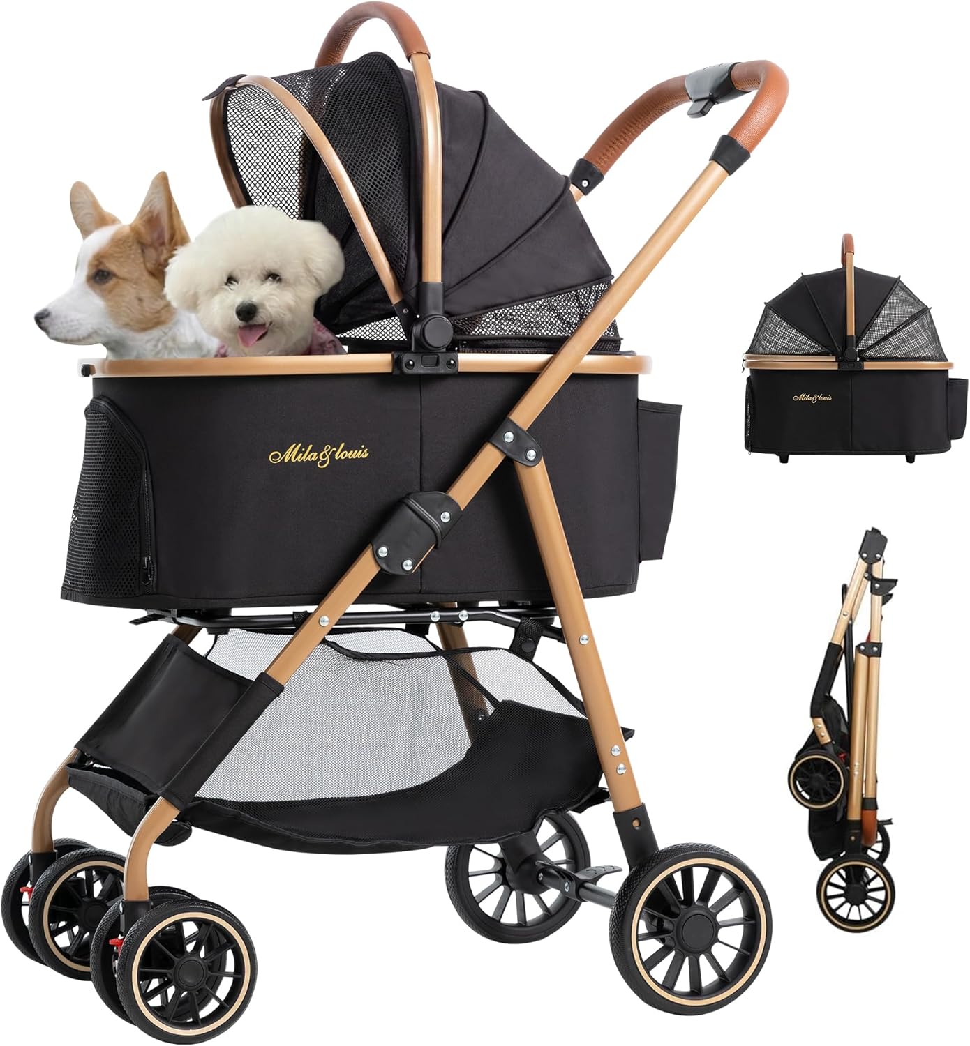 MILA&LOUIS ペットカート分離＆一体折りたたみ 取り外し可能 軽量ファッション 犬 カート人気 4輪耐摩耗 犬用 ベビーカー ドッグ バギー ワンタッチペットかーと折たたみ可能 ペットバギー 衝撃吸収ユニバーサルホイール後輪片足ブレーキ コンパクト 多頭の小型犬&猫 中型犬一匹用 カップホルダー付属（軽量5.5KG 中·小型犬専用＆黒）