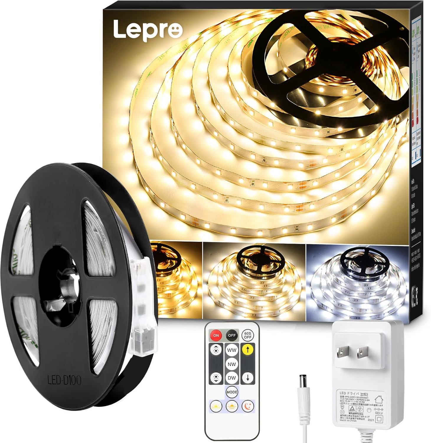 Lepro テープライト led 5m 12V 電球色・昼白色・昼光色 明るさ調整 間接照明 リモコン付き 調光調色 イルミネーションライト 3ピン 2835SMD カット可能 取付簡単 非防水 店舗 室内 ホーム装飾用 DIY