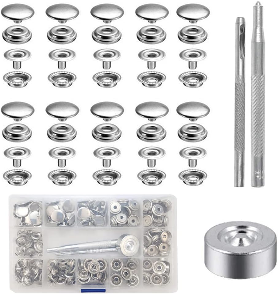 ジャンパーホック ステンレス鋼メタルボタン 15mm 10セット レザークラフト 工具 手芸/家庭/裁縫用 DIY 手作り/ハンドメイド/レザークラフト/鞄/服/ジャケットアクセサリー/財布/キーケース シルバー 収納ケース付き